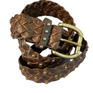 Brown Braided Women's Wide Belt, Burnished Golden Tone Metal Studs, Size Medium